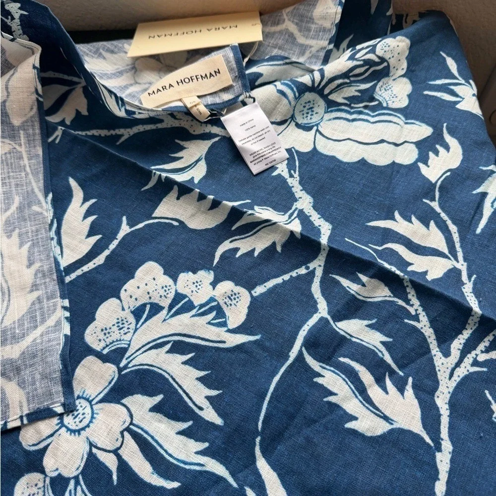 Mara Hoffman Navy White Floral Hemp Handkerchief Scarf NEW
